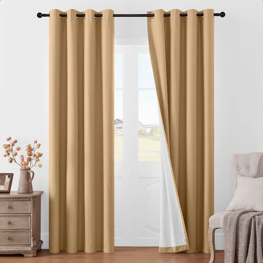 Linen Blackout Curtains for Bedroom 96 Inches Long Grommet Heavy Duty Living Room Drapes Thermal Insulated Noise Reduce Cancell