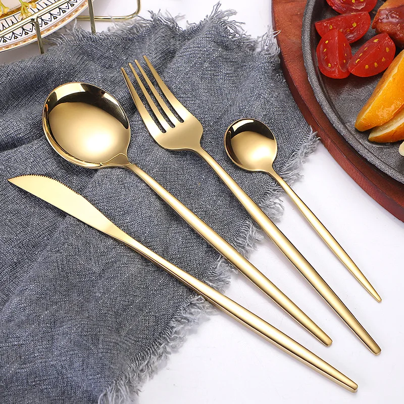 

30pcs Gold Dinnerware Set Stainless Steel Tableware Steak Fork Knife Coffee Spoon light Flatware Teaspoon Bright Dishwasher Safe