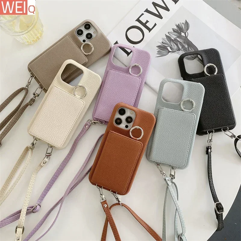 Luxury Crossbody lanyard makeup mirror flip wallet Case for iPhone 16 15pro 13 16pro 13pro 13Mini 14 14pro max XR card pocket