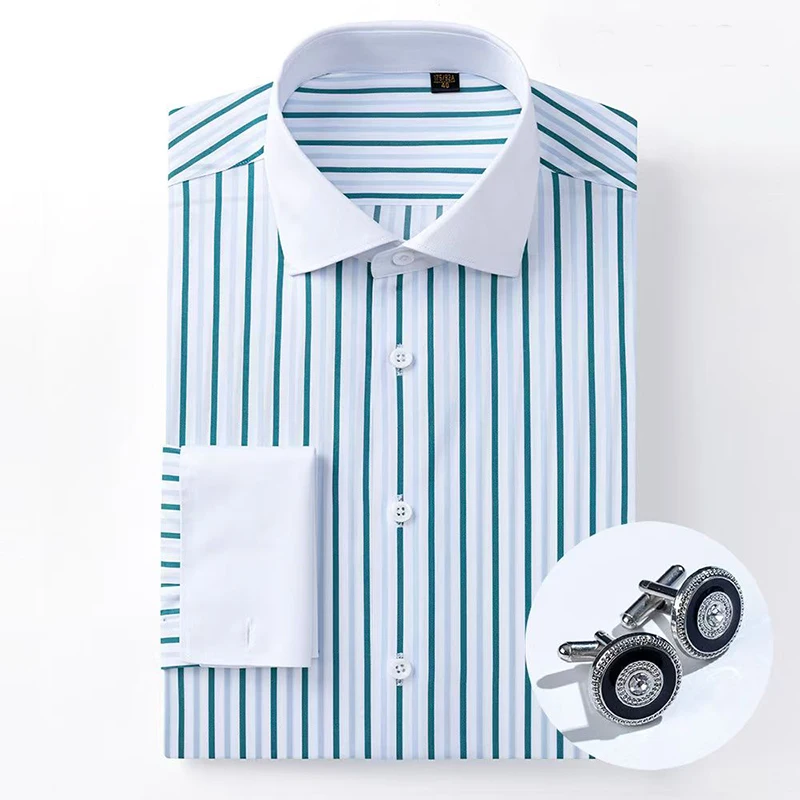 High-end 200-count Four-Ply Pure Cotton Men's French Cuff Windsor Collar DP Ready-to-Wear Non-Iron Striped Contrast Collar Shirt