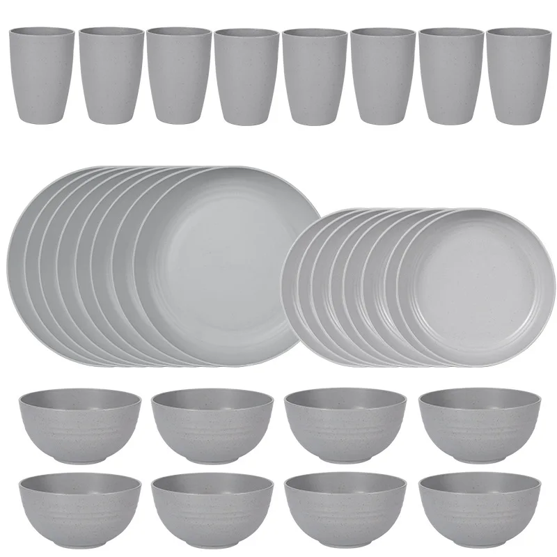 Assiette en paille de blé, bol et tasse, ensemble de 32 pièces, assiette domestique, assiette centrale, tasse, ensemble de vaisselle, micro-ondes disponible