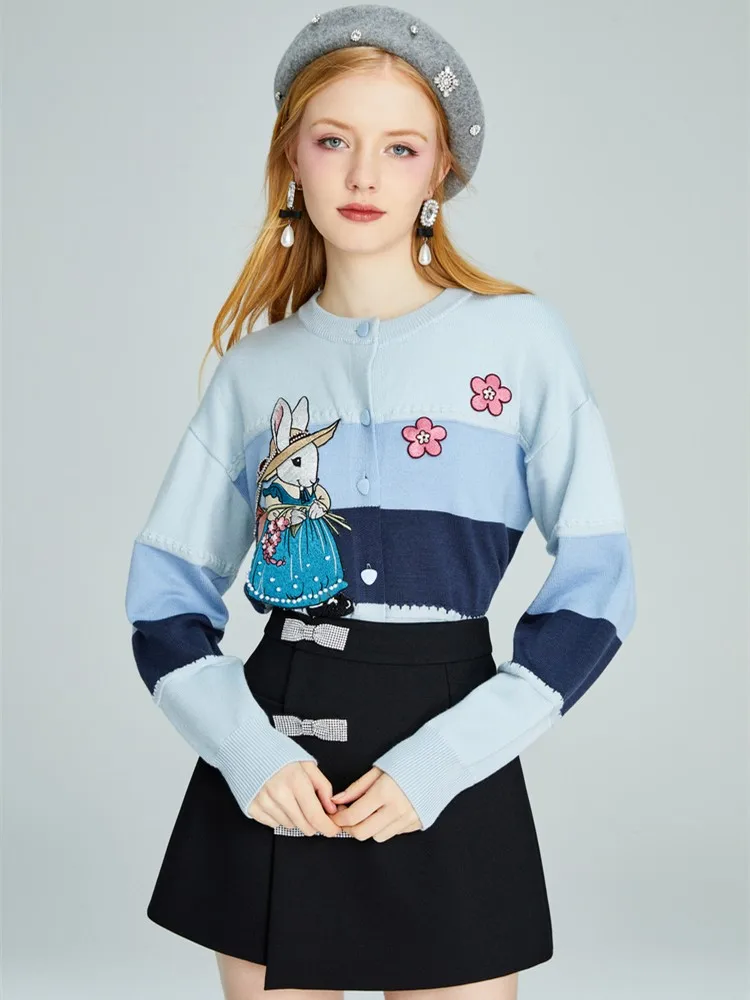 Blue Cartoon Embroidered Sweater Cardigan Women Sweet Fashion Loose Ladies Knitwear Long Sleeve Single-breasted Jumpers Tops