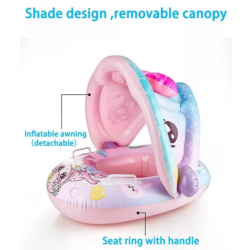 Cartoon Inflatable Toys Float Seat with Animal Printed Detachable Dual-purpose Shade Baby Water Toys Pool Bathroom Swimming Ring