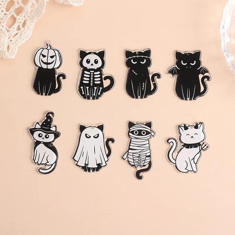 Double Sided Acrylic Black Cat Pendant Cute Epoxy Cosplay Kitten Halloween Charm for DIY Jewelry Making Accessories 6PCS