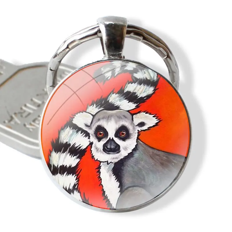 Lemur Art Paintings Aniamls Drawings Keychain Handmade Glass Cabochon Key Ring Holder Pendant Key Chains