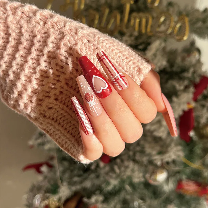 

24PCS Matte Christmas Press-On Nails - Red Plaid with Glitter Hearts Long European Square Shape False Nail For Women Girl