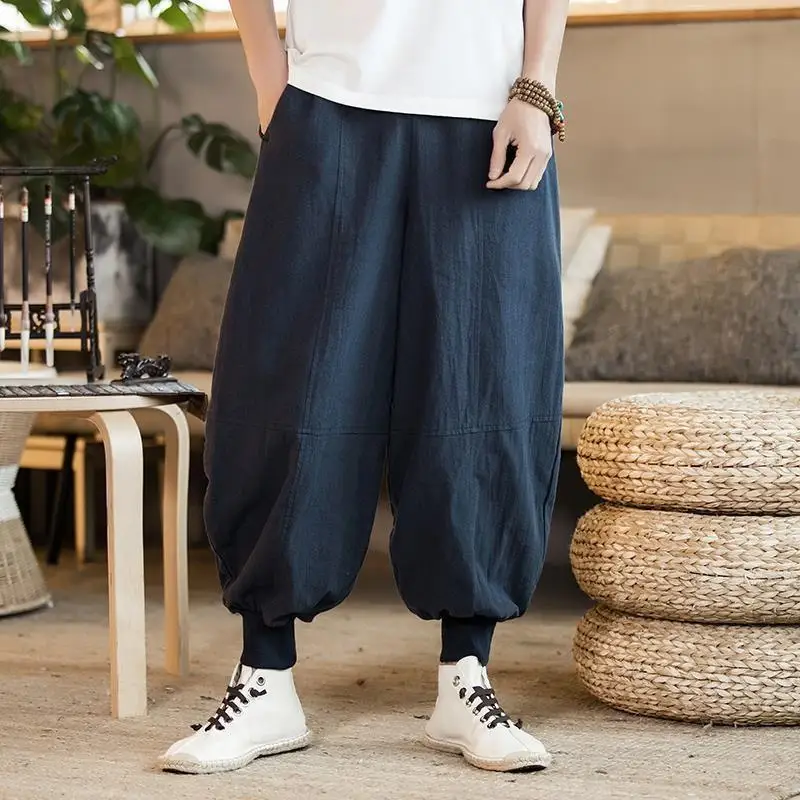 

Loose Cotton Linen Men's Tang Pants Youth Trend Straight Leg Nine Points Casual Trousers Monastic Sle Loose Fit Cuffed