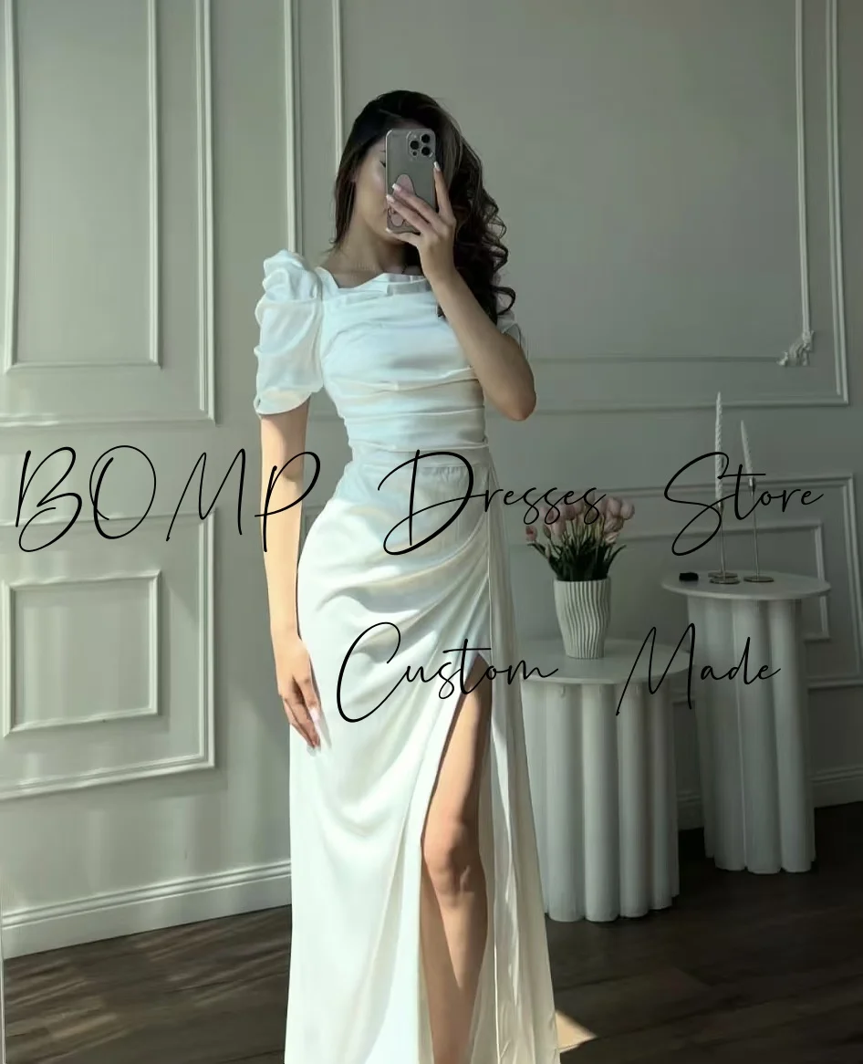 BOMP Elegantes, plissiertes Hochzeitskleid, quadratischer Kragen, kurze Ärmel, Meerjungfrau, bodenlang, Seitenschlitz, Satin-Abendkleider, individuell