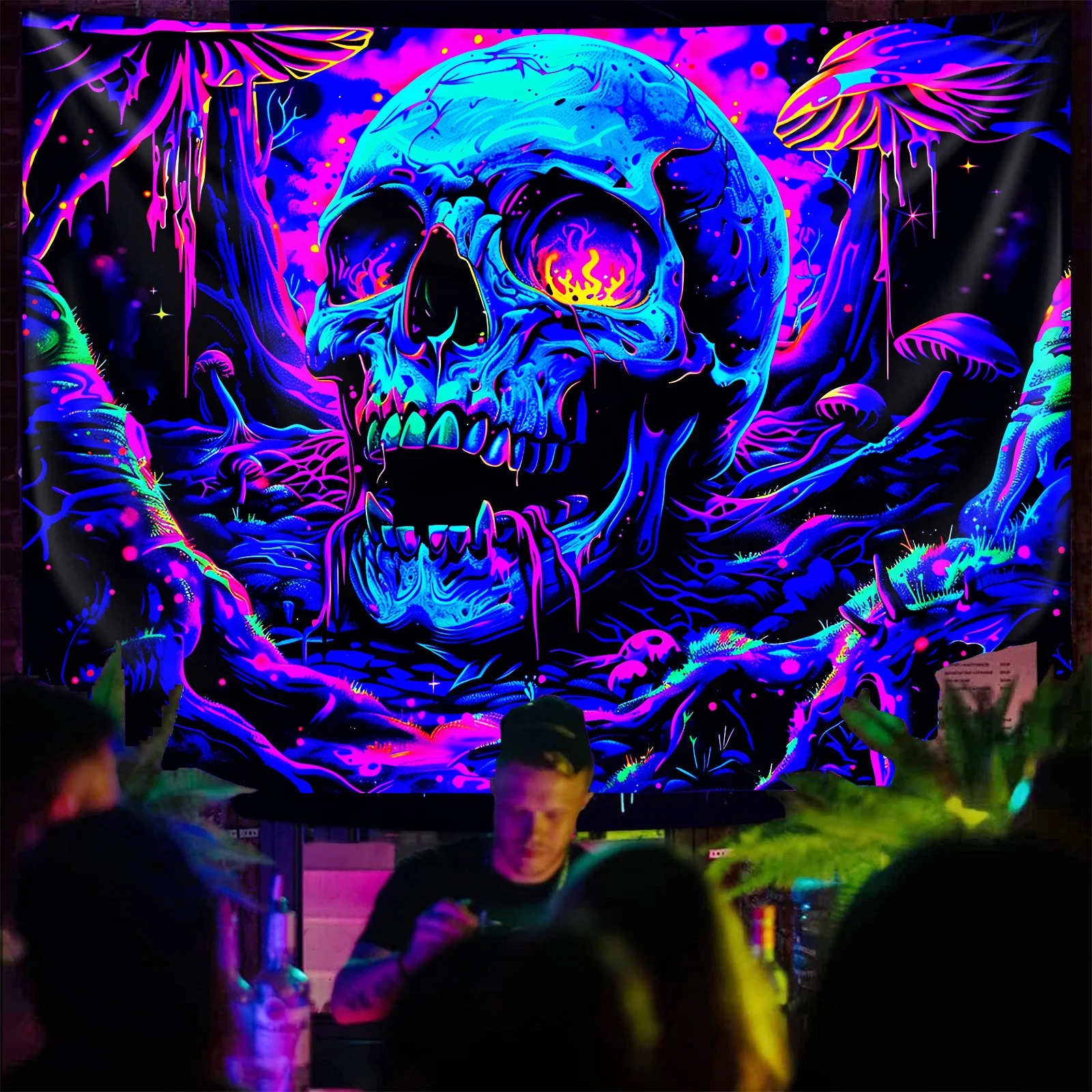 VIKAMA UV Reactive Neon Skull Mushroom Tapestry Trippy Forest Wall Hanging Blacklight Gothic Aesthetic Backdrop for Party Room