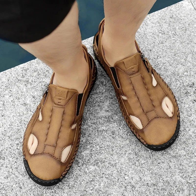 

Дышащие мужские сандалии на плоской подошве - повседневные простые лоферы из натуральной кожи в английском стиле для водителей - цельные туфли на ногу -