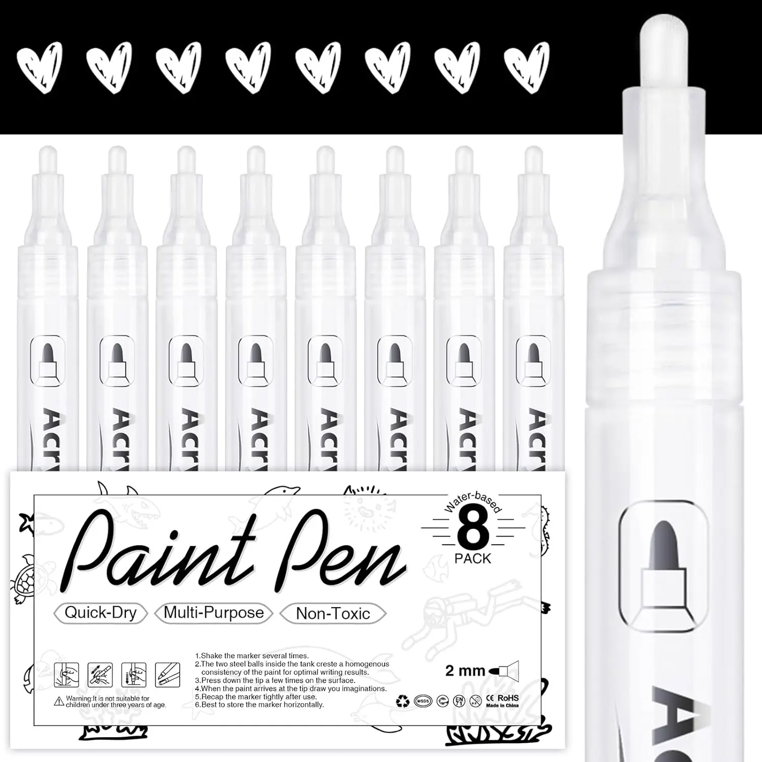 

8-Pack White Acrylic Paint Markers, 2-3mm Tip for Rock, Wood, Glass, Ceramic & Paper Art Projects