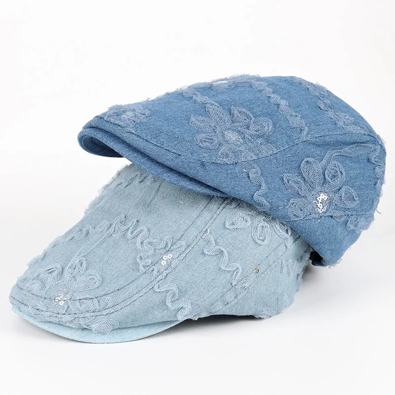 

Lace Denim Beret Women 2025 France boinas de mujer Spring Summer Women's Hat Newsboy Cap Vintage Peaky Blinders Denim Flat Hats