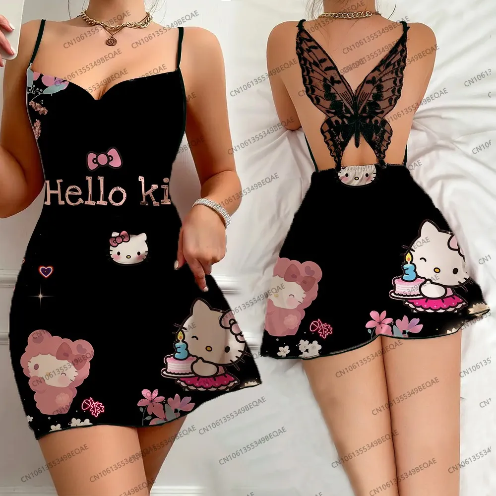 Summer Women's Sexy Backless Butterfly Lace Nightdress Hello Kitty Print Casual Crew Neck Fashion Comfort Suspender Pajamas