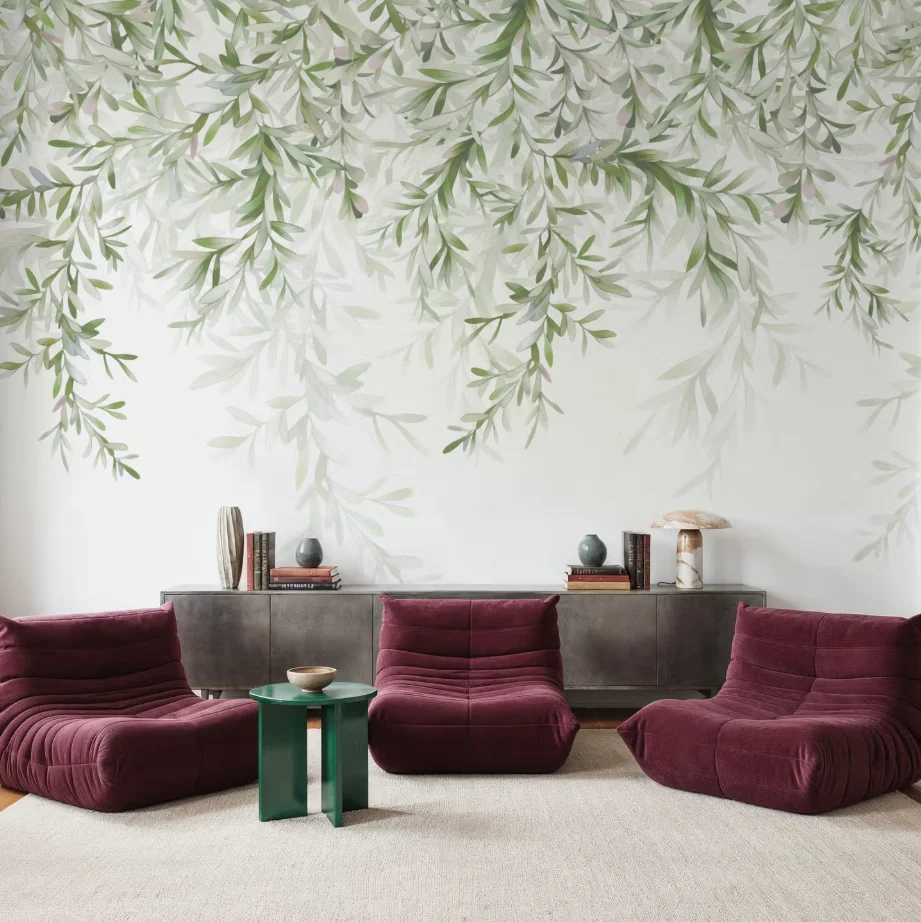 Customized size mural with soft green and white leaves gently falling on a white background and quiet aerial branches wallpaper