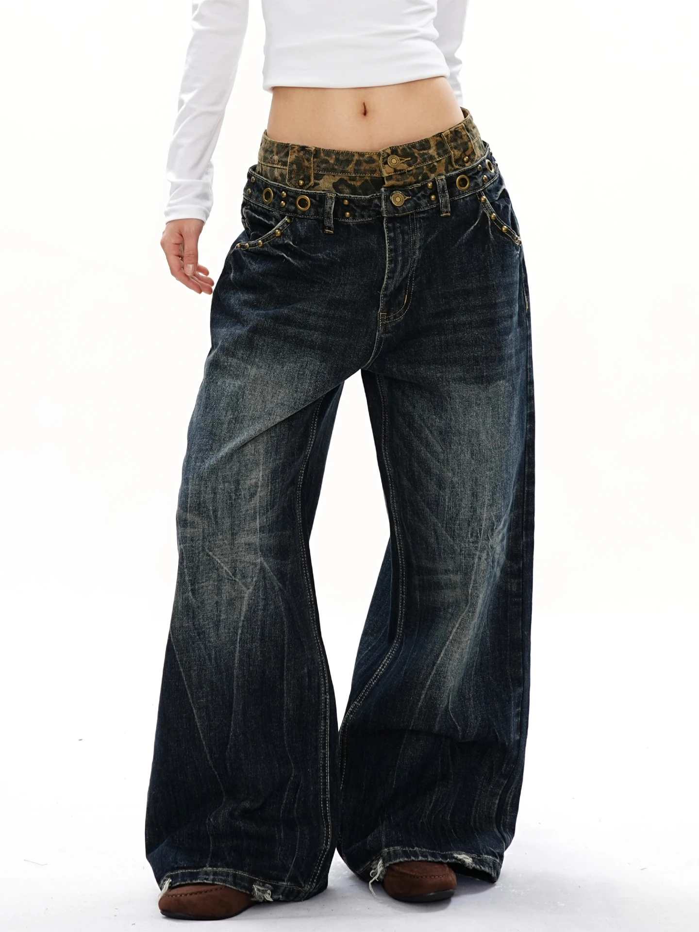 

Джинсы S3T5 с леопардовым принтом и узором молнии, свободные широкие брюки унисекс, винтажные прямые джинсы