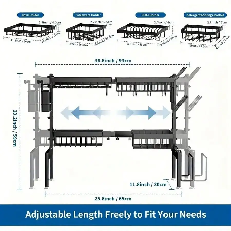 Adjustable Over Sink Dish Drying Rack-Multifunctional Kitchen Organizer With Utensil Holder,Cutting Board Storage&Drain Basket