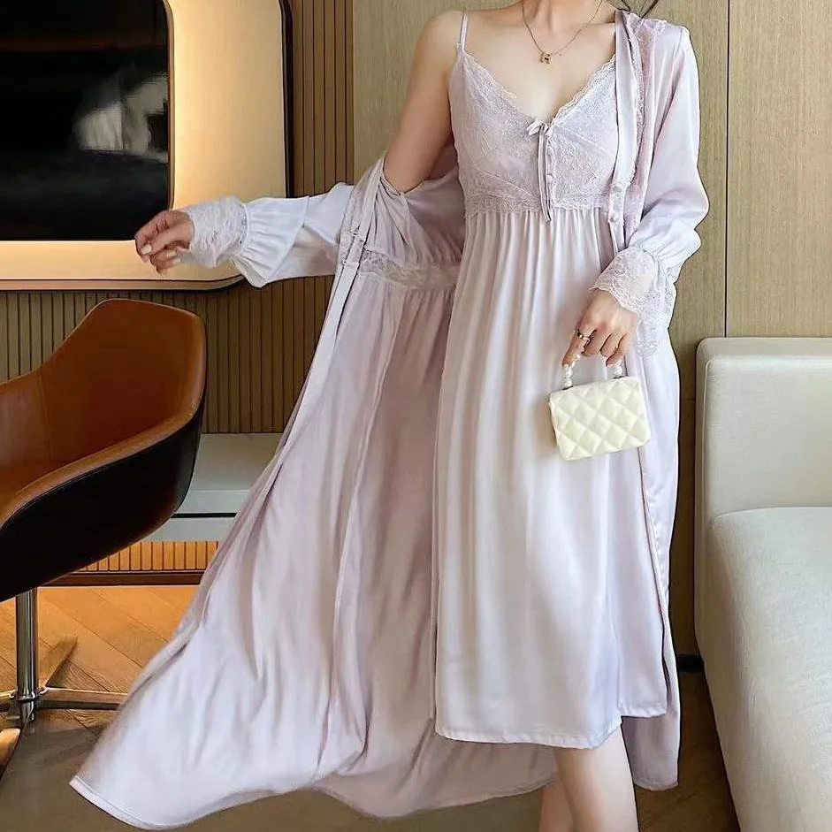 Twinset Robe Set With Buttons Women Satin Sleepwear Bride Wedding Dressing Gown Sexy Nightgown Bridesmaid Suspender Nightdress