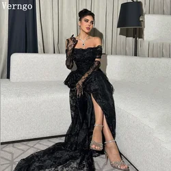 Verngo Black Lace Long  Prom Gown Off The Shoulder Mermaid Evening Dresses For Women Side Slit Saudi Arabic Prom Dress