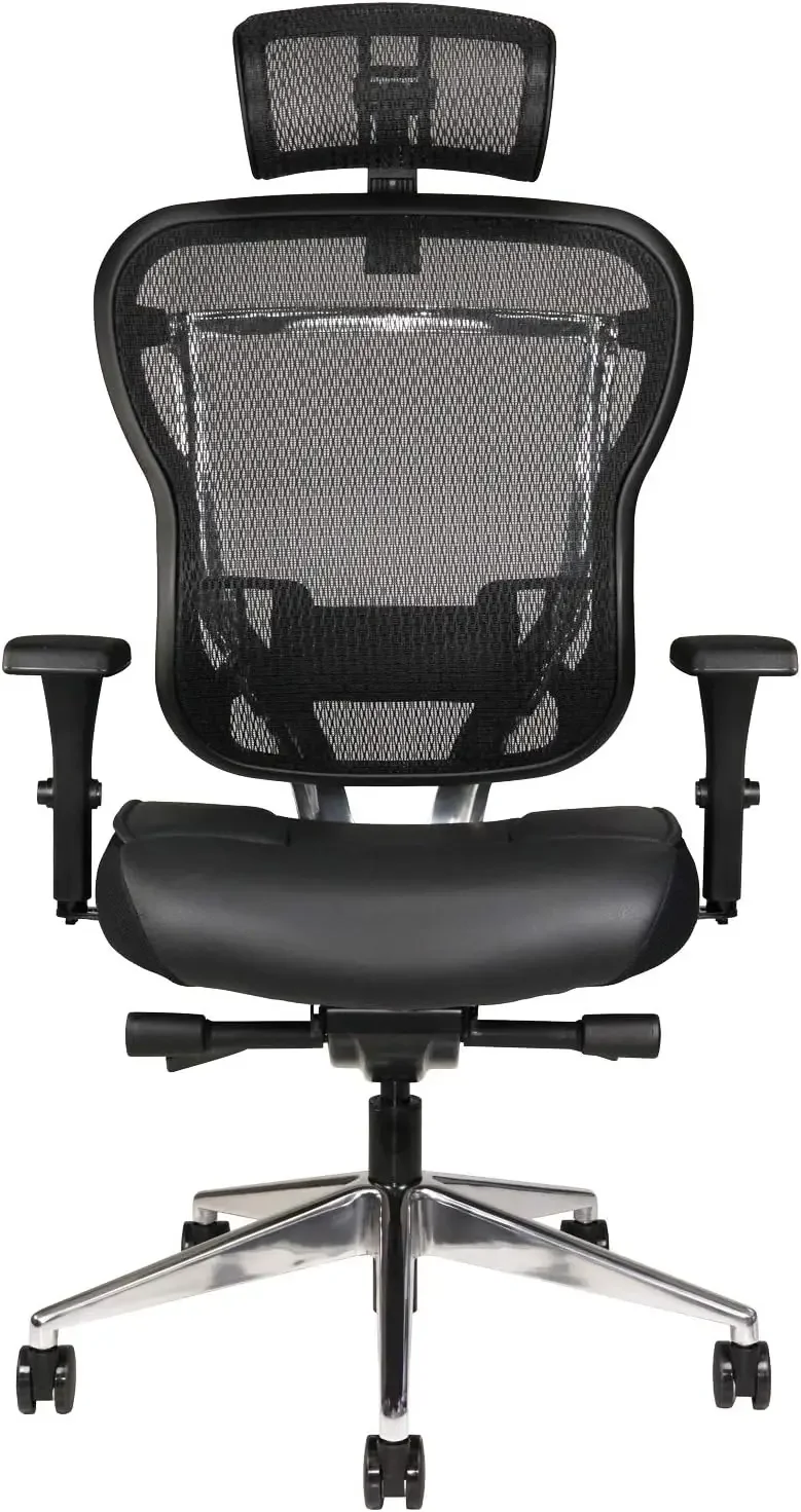 OfficeChairErgonomicExecutiveComputerChairGenuineLeatherSeatCushionMeshBack Adjustable Lumbar Support Swivel and Tilt High-Back