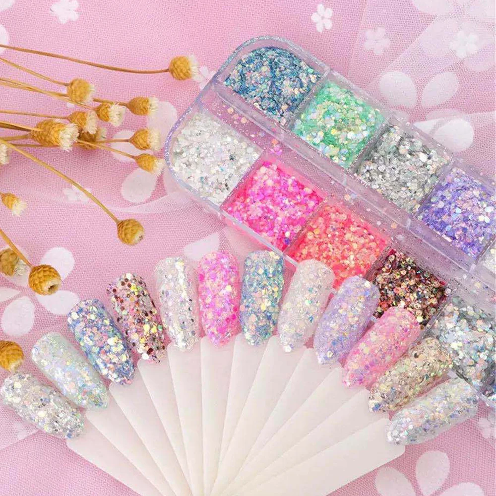 12Set Nail Glitter Holographic Pink BlingBling Mermaid Powder Flakes Shiny Press ON Hexagon Nail Art Pigment Dust Decoration