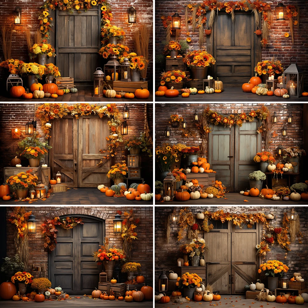 

Autumn Wooden Door Front Backdrops Kids Adult Photography Child Baby Birthday Cake Smash Photocall Pumpkin Lantern Background