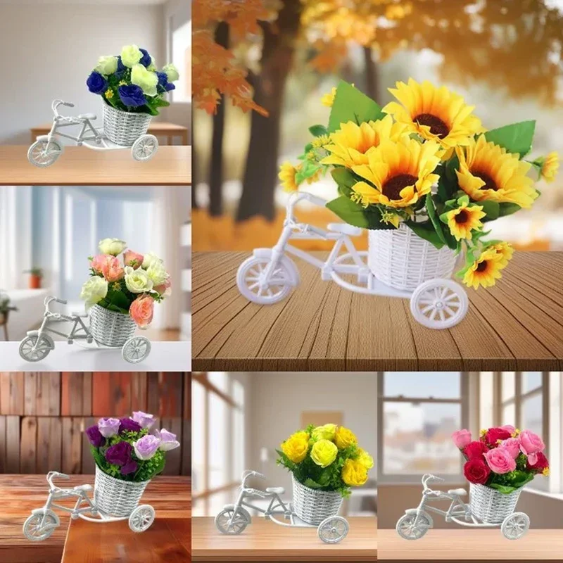 Simulation Flower Decorations Rattan Flower Basket Tricycle Bicycle Model Home Garden Wedding Party Decoration Romantic And Cute
