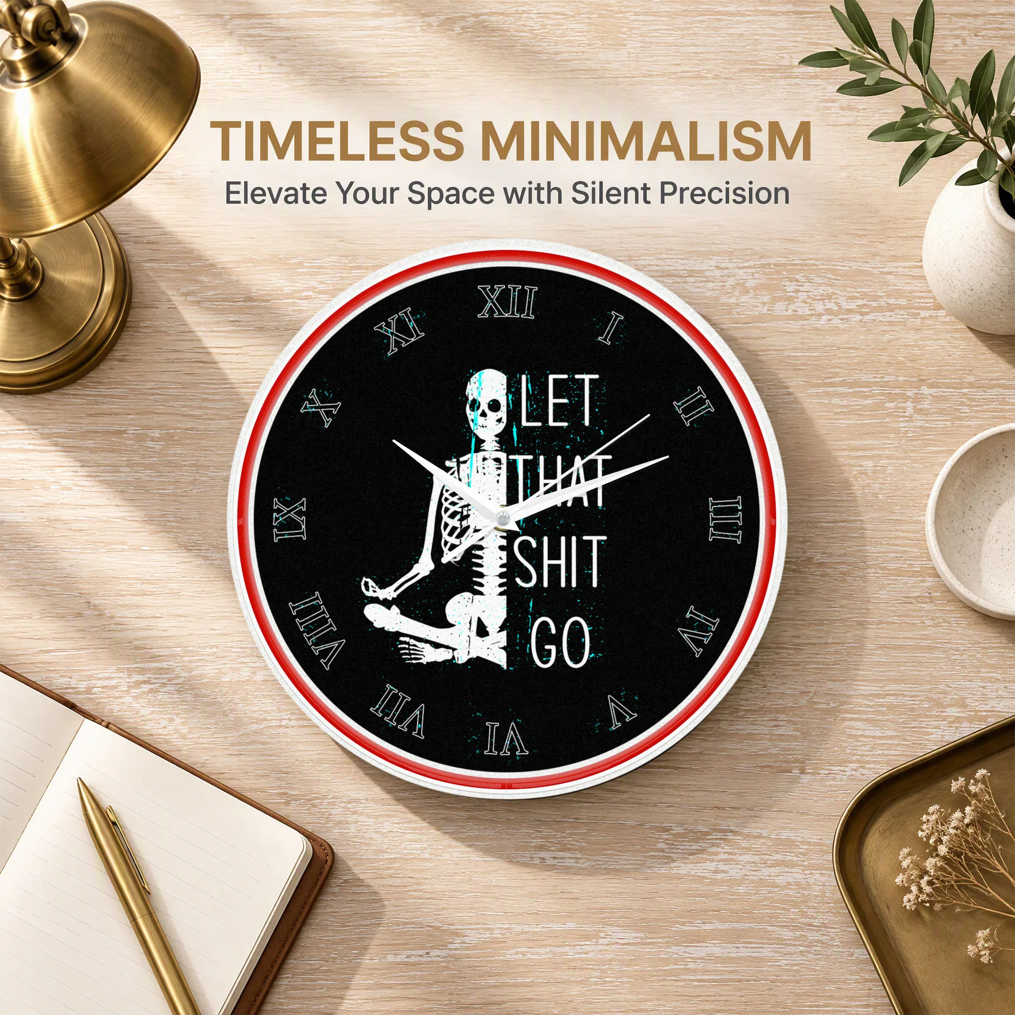 Let Go Meditation Skeleton LED Neon Wall Clock Spooky Skull Yoga Art Halloween Gothic Home Decor Night Light Clock Glow in Dark