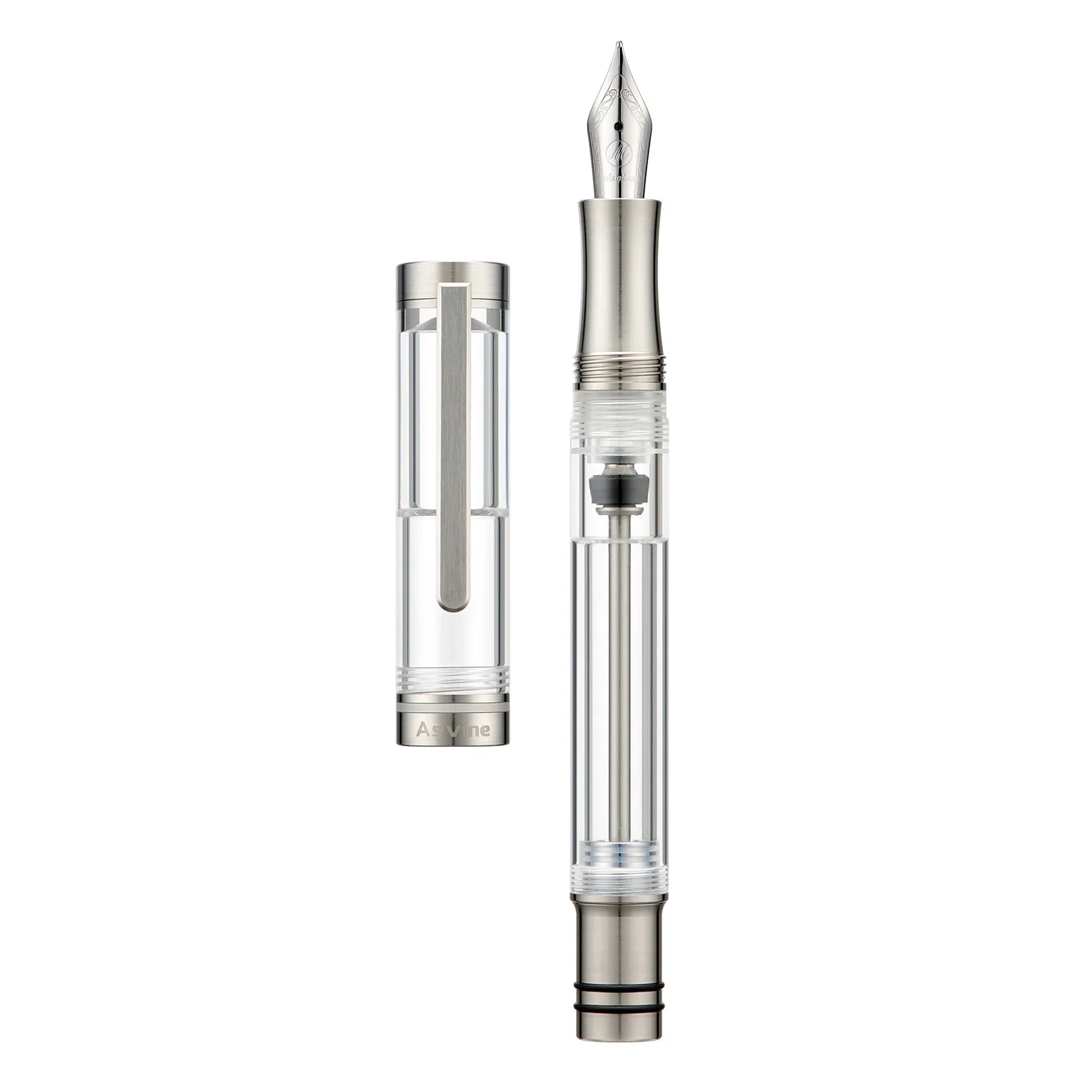 Asvine V200 Vacuum Filling Fountain Pen Asvine / BOCK EF/F//B Nib , Titanium & Clear Transparent Acrylic Writing Gift Pen