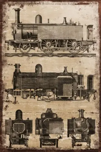 Narrow Gauge Steam Locomotive Train Aged Look Illustration, on a New Metal Sign