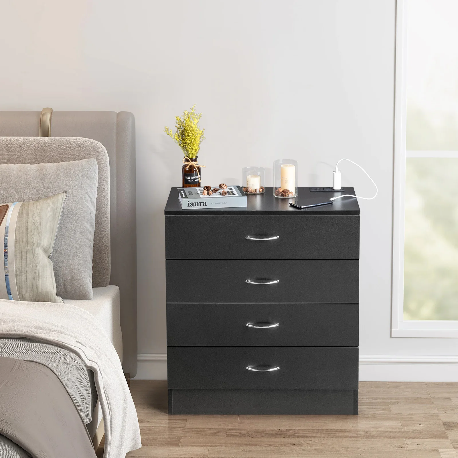 PB Wood Simple 4-Drawer Nightstand Dresser with USB Ports & Outlet Black