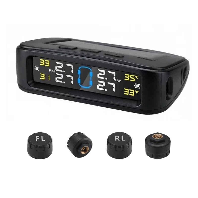 TY04 Solar Assisted TPMS with Four External Sensors, Clear Pressure and Temperature Readings, Sound Indicators, and USB Charging
