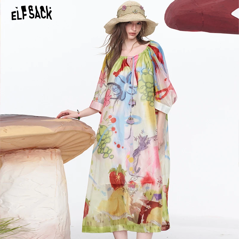 

ELFSACK Women's Graffiti Print Maxi Dress, Pink Lantern Sleeve Woven Casual Sundress, Summer Vacation Loose Fit Outfit