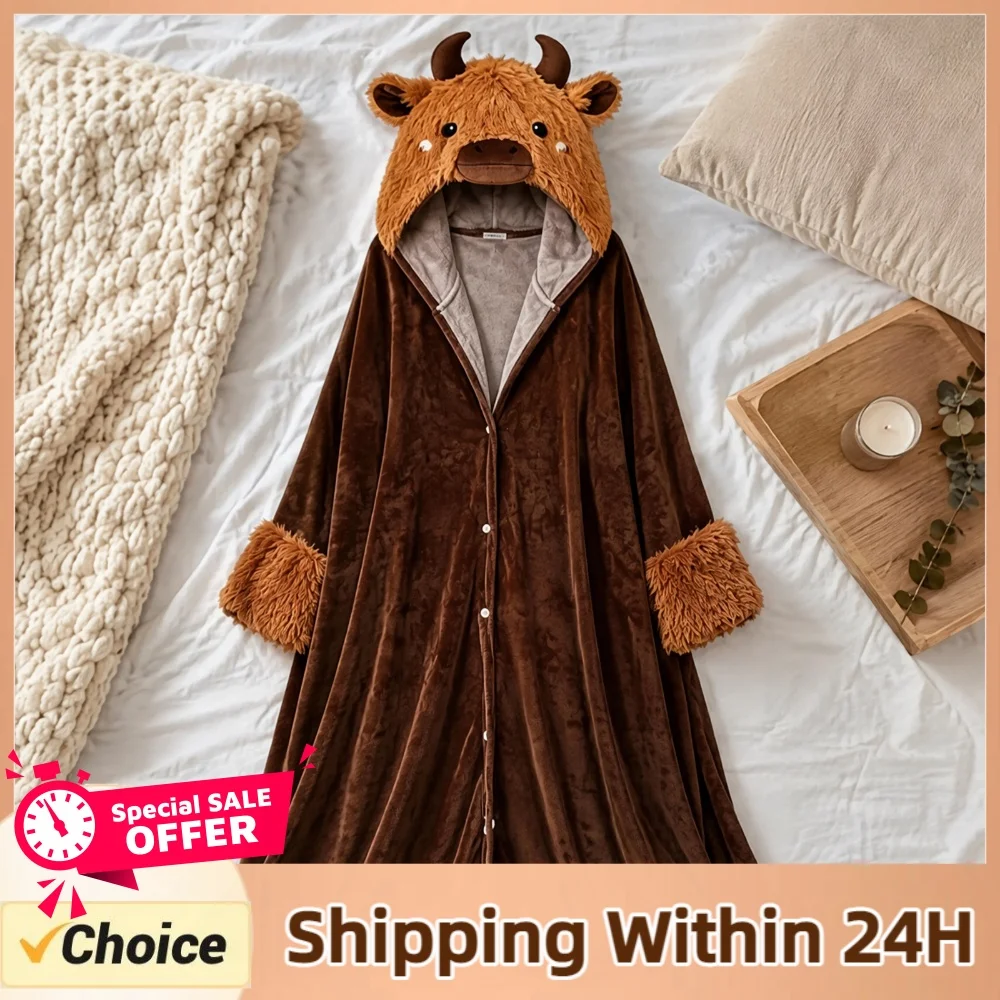 Cartoon Animal Flannel Hoodie Blanket Halloween Wearable Shawl Wrap Cozy Oversized Sofa Nap Throw Women