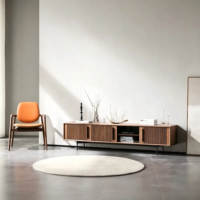 Nordic walnut-colored TV cabinet, modern minimalist living room grille storage base