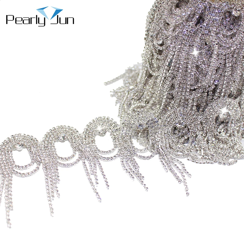 Crystal Circle Long Tassel Rhinestone Fringe Trim Silver Crystal Decorative Chain Wedding Bags Shoes Accessories ML077