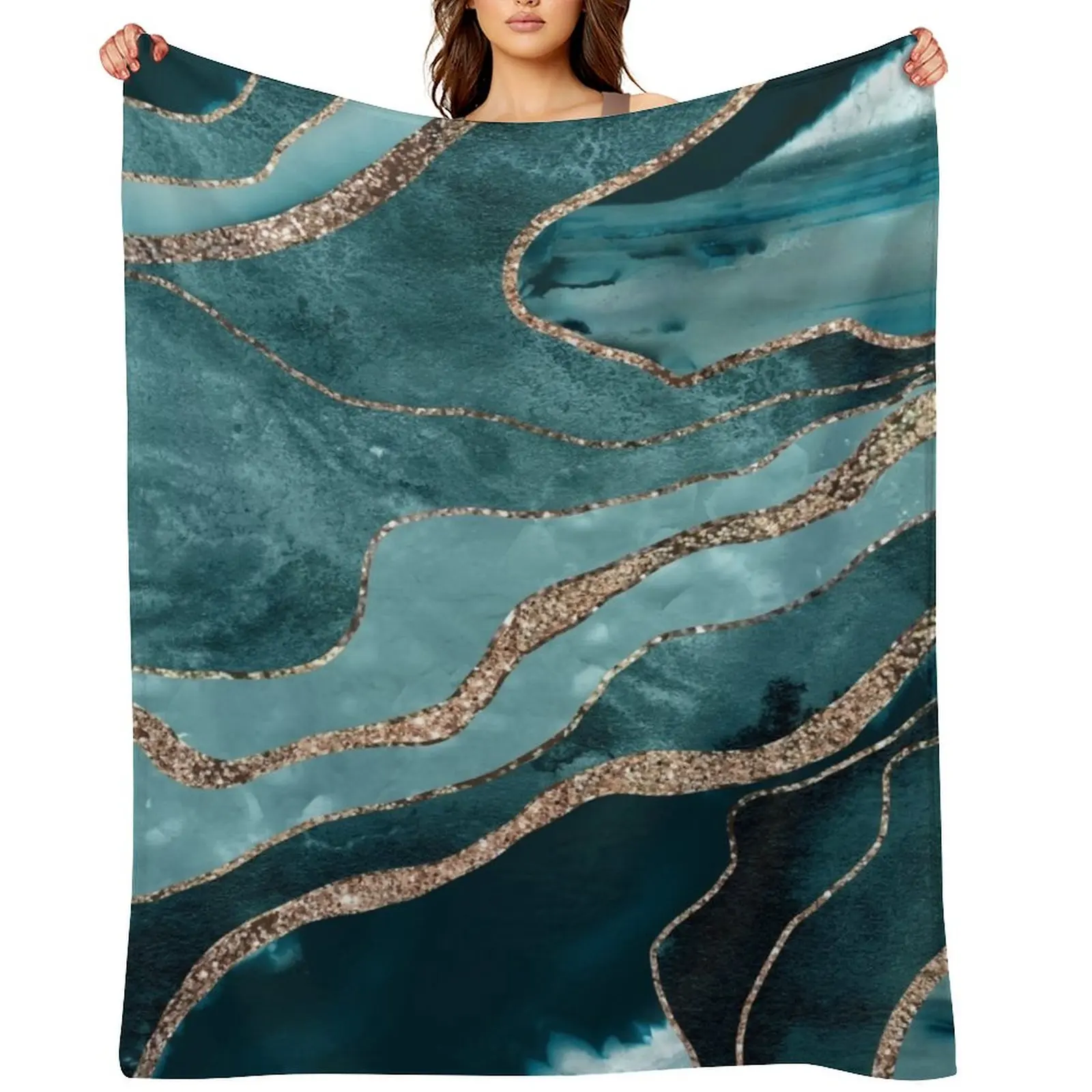 

Teal Blue Marble Agate Gold Glitter Glam #1 (Faux Glitter) #decor #art Throw Blanket Plush sofa bed Blankets