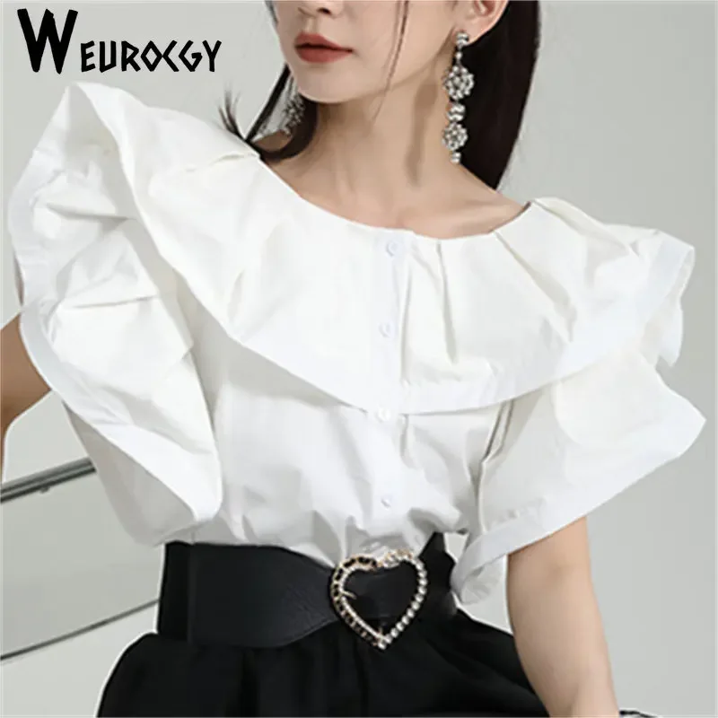 

2023 Women Summer Sense Of Design Loose Round Neck Sexy Off-Shoulder Silhouette Ruffled Flying Sleeve Shirt Slim Top Streetwear