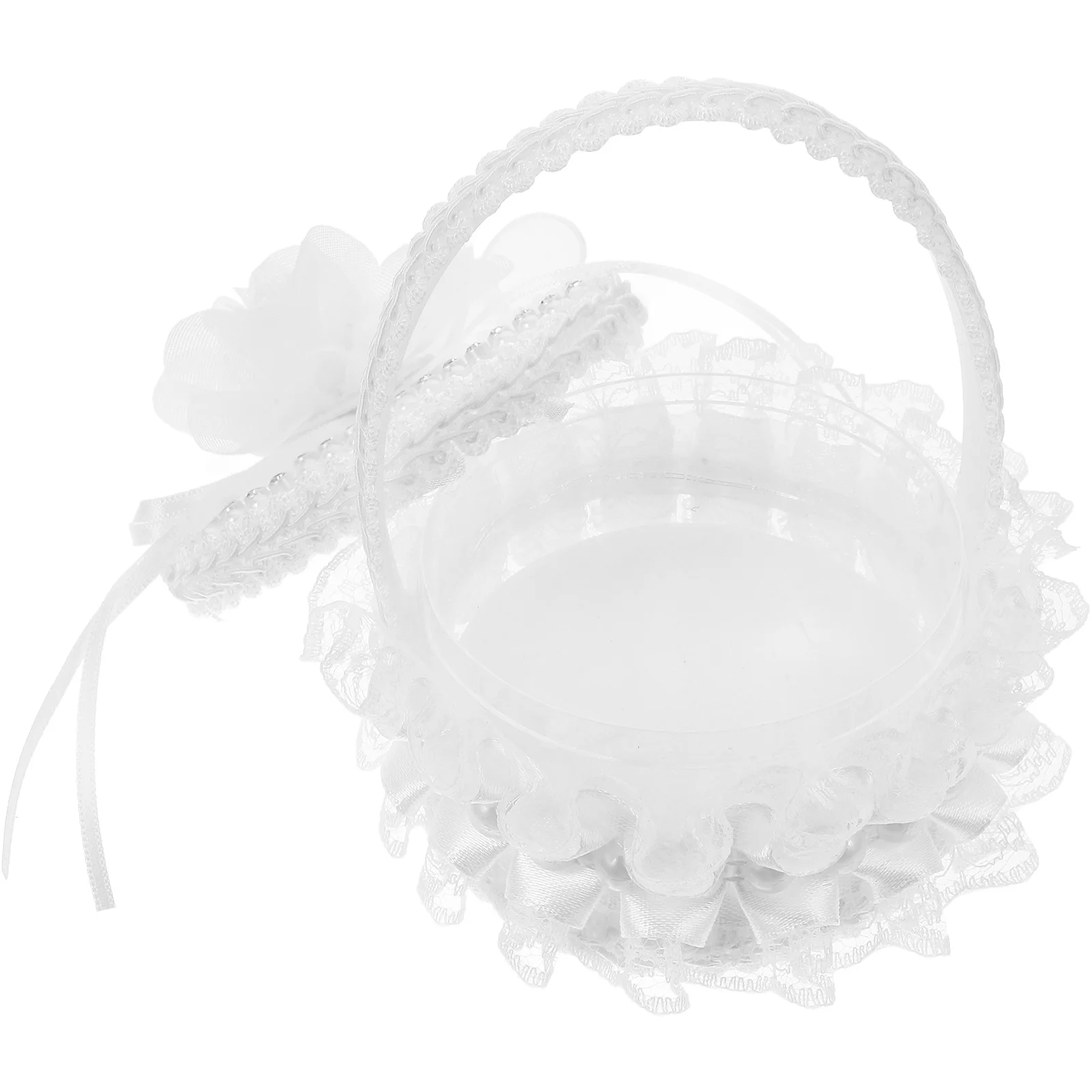 

White Mini Satin Wedding Ring Box Embroidered Pillow Pearl Handle Flower Basket Elegant Ring Cushion for Wedding Ceremony