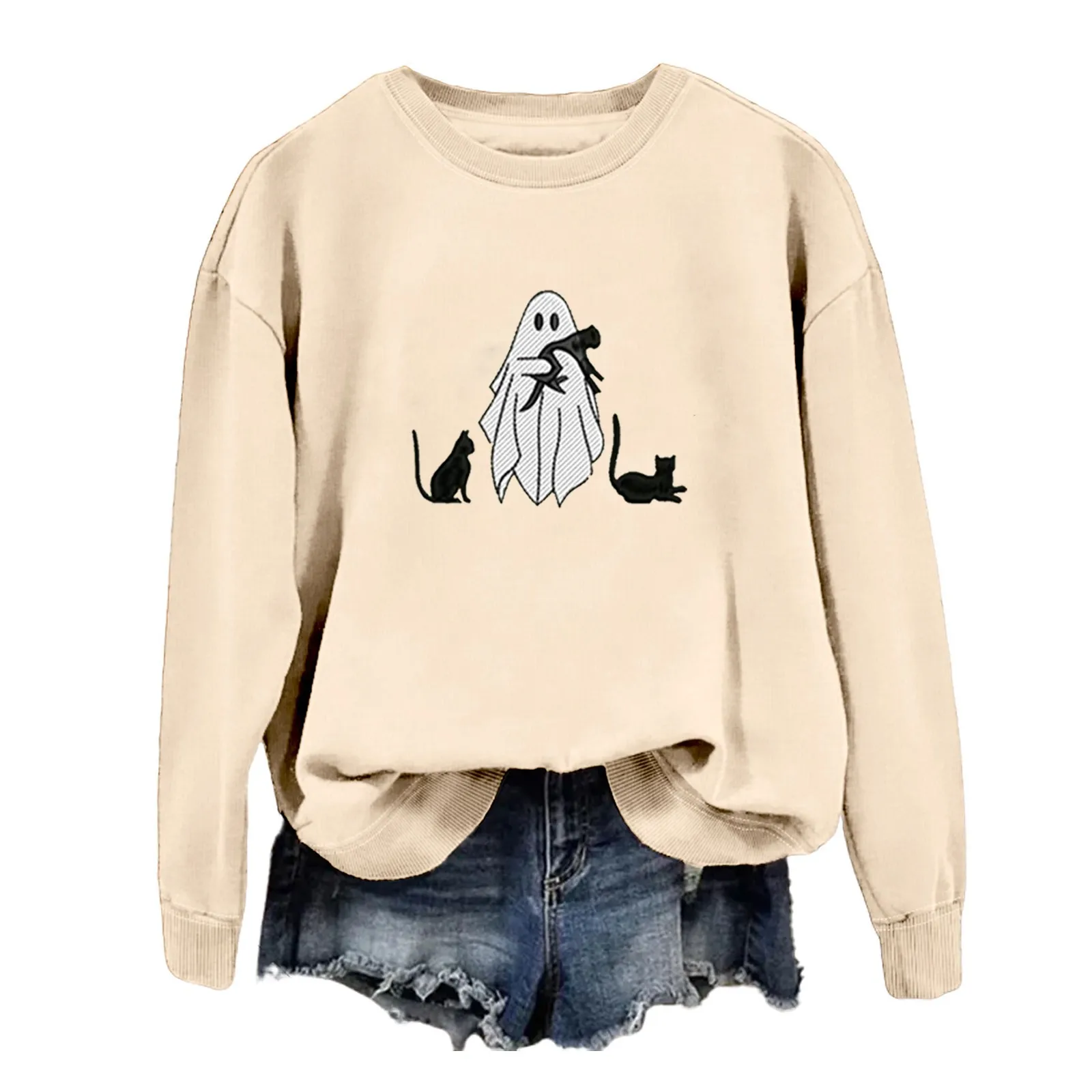 

Ladies Halloween Fun Ghost Cat Print Hoodie Solid Color Crew Neck Long Sleeve Casual Warm Jumper Winter Fashion Sweatshirt