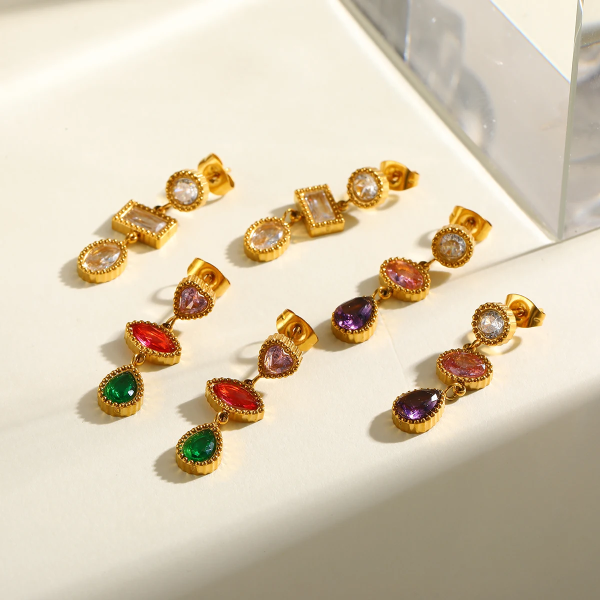 

Colorful Oval Water Droplet Heart Zirconia Drop Earrings for Women 18K Gold Plated Stainless Steel Earrings Wedding Jewelry Gift