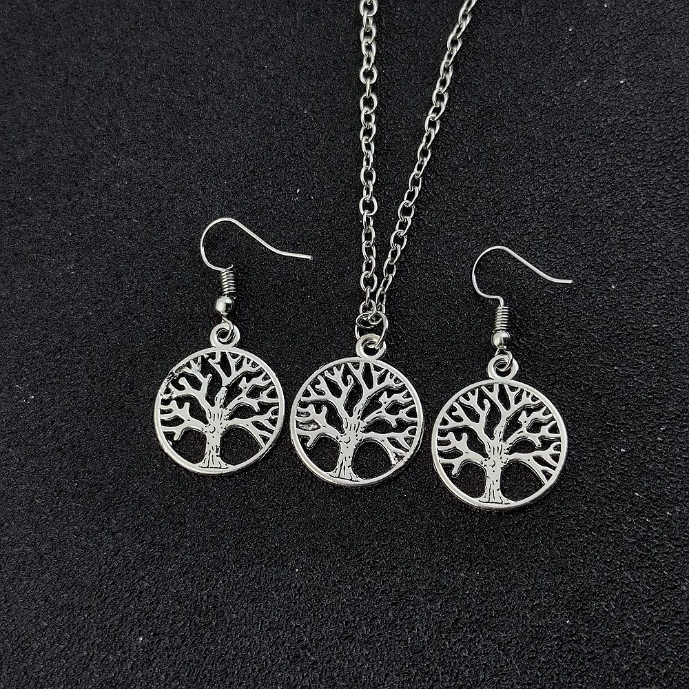 Round Hollow Wishing Tree Pendant Necklace Earrings Set Tree of Life Pendant Fashion Bijoux Collier Elegant Women\'s Jewelry Gift