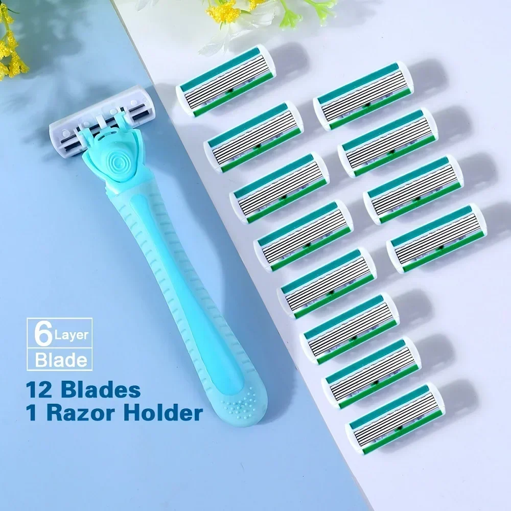 여성용 수동 안전 면도기, 6 레이어 스테인레스 스틸 제모 면도날, 교체 가능한 면도기 헤드, 핸들 1 개, 블레이드 12 개