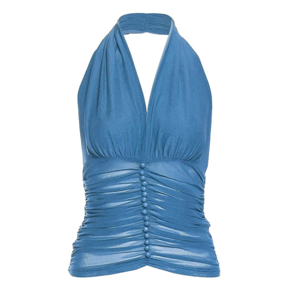 

Korean Style Pleated Halter Sleeveless Camisole Deep V Neck Summer Slim Crop Tops Spicy Girl Mesh Suspender Vest Travel