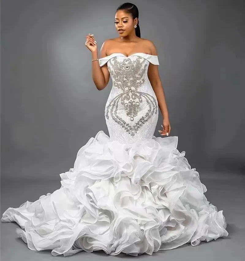 

Luxury African Mermaid Wedding Dress 2024 Bridal Gowns Off the Shoulder Crystal Tiered Organza Customed Vestidos De Noiva