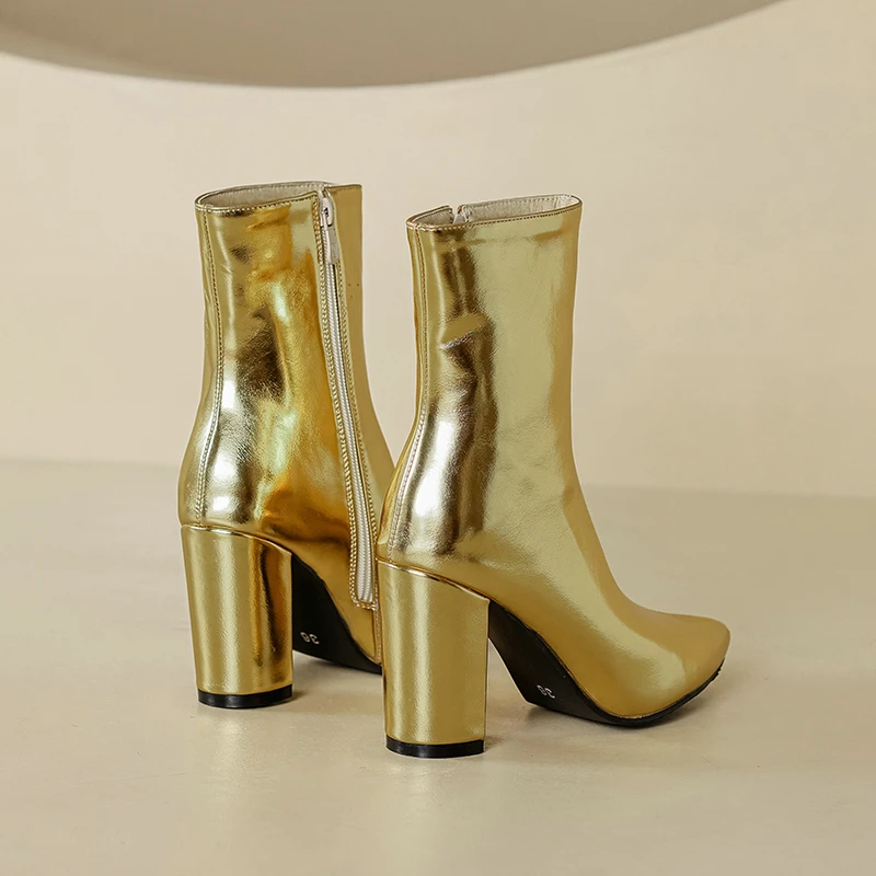 METALLIC GOLD รองเท้าสําหรับสตรี Pointed Toe BLOCK รองเท้าส้นสูงข้อเท้า Silver BOOT Mature เซ็กซี่ Lady Sparkly ฤดูหนาวรองเท้าสําหรับงานแต่งงาน