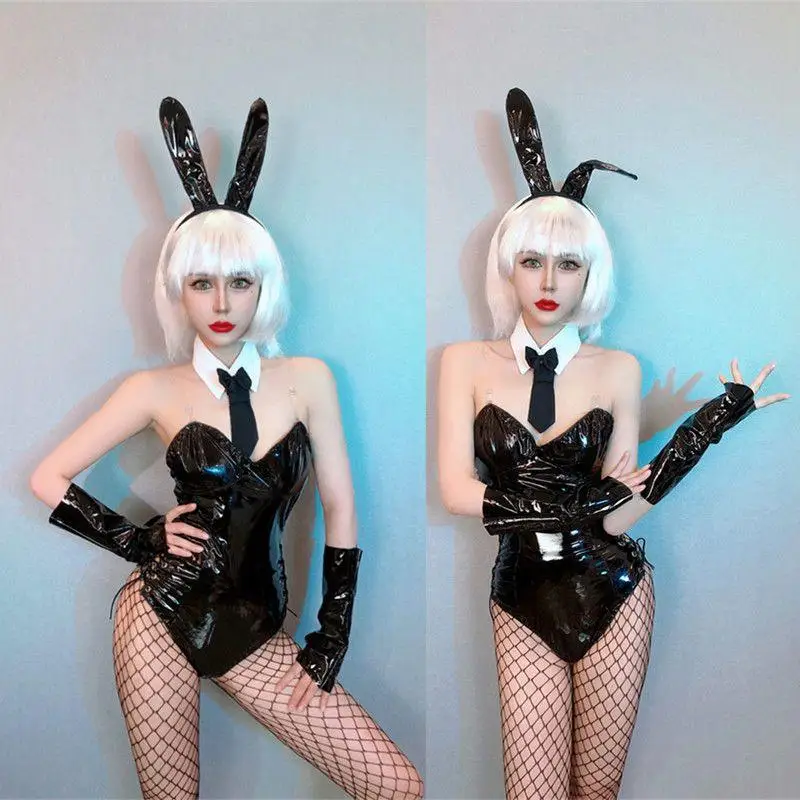 

Сексуальный кожаный джет-бюстье, комбинезон на Хэллоуин, сценический костюм для бара, женский костюм для выступлений Gogo, дизайн с заячьими ушками