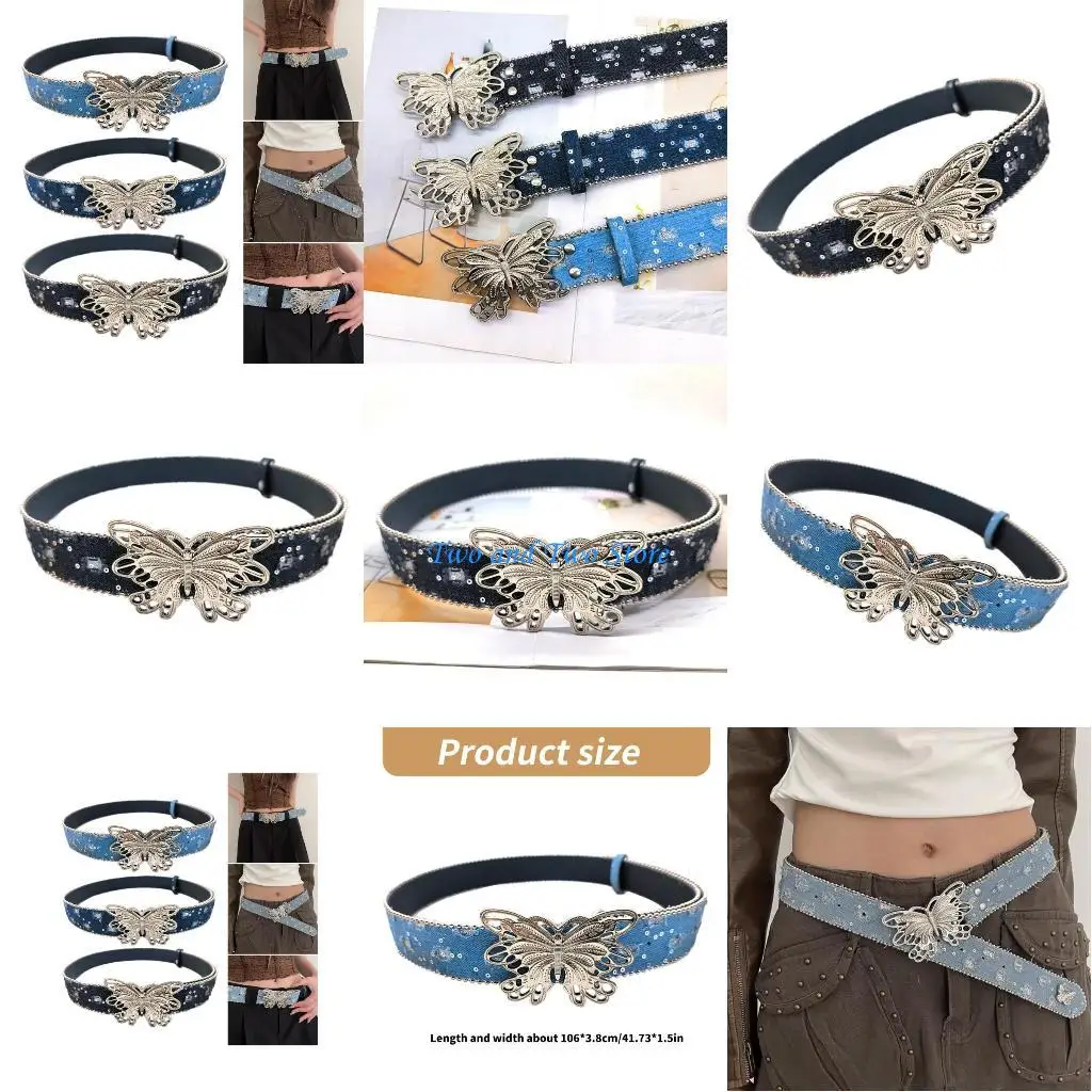 

HX6F ремень с пряжкой-бабочкой, элегантный пояс для брюк, ремень с отделкой из бисера, расшитый блестками пояс 2000-х годов,
