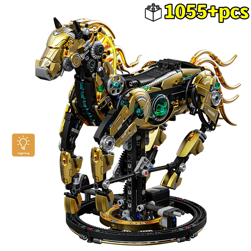 STEM Creative Golden Machinery Horse Building Blocks Animal Movable Models with Light Stands Kid Assembly Toys Birthday Gift
