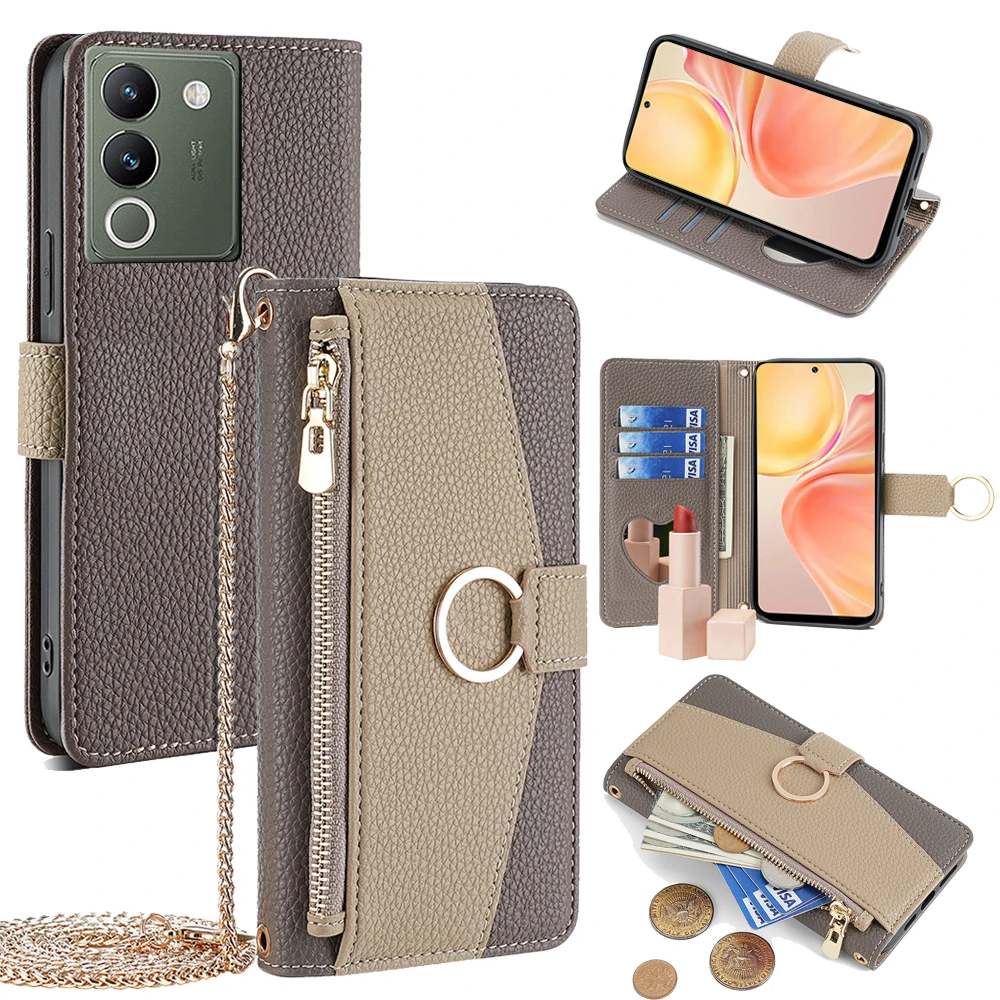 Crossbody Wallet Phone Case for VIVO V29 V30 Lite V29E Leather Flip Cover for VIVO V30 Lite With Metal chain and make-up mirror