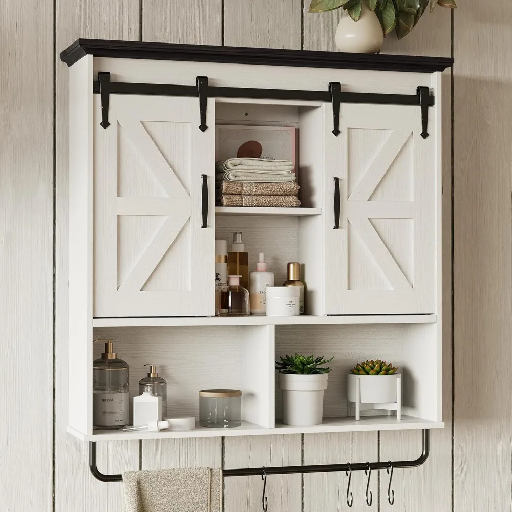 

Bathroom Wall Cabinet, Farmhouse Medicine Cabinet with Sliding Barn Door and LED Lights, Storage Cabinet Wall Mounted with Adju